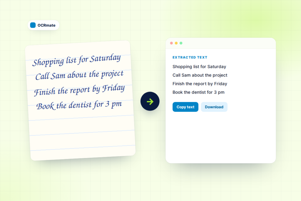 OCRmate image to text app turning a handwritten note into editable text
