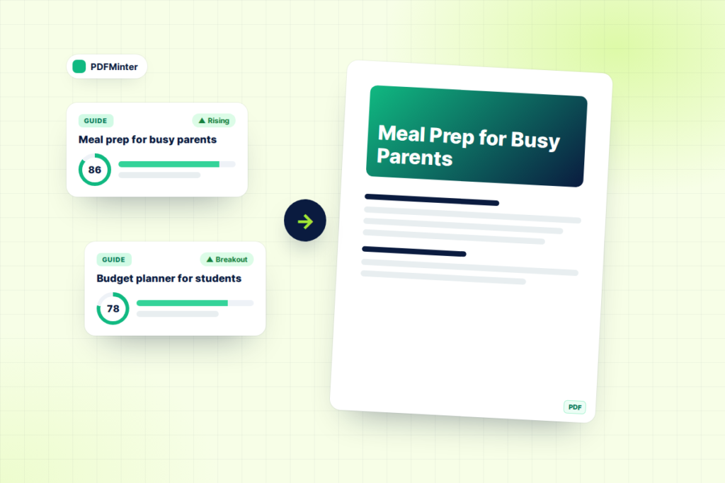 PDFMinter, one of the LimeWorks Digital products: trending topic cards next to a finished PDF guide
